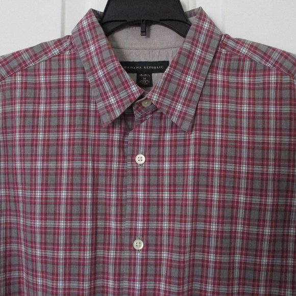 Banana Republic Mens L/S Red Gray Cotton Plaid Casual Shirt- Size 15.5/33 Medium - Picture 1 of 3